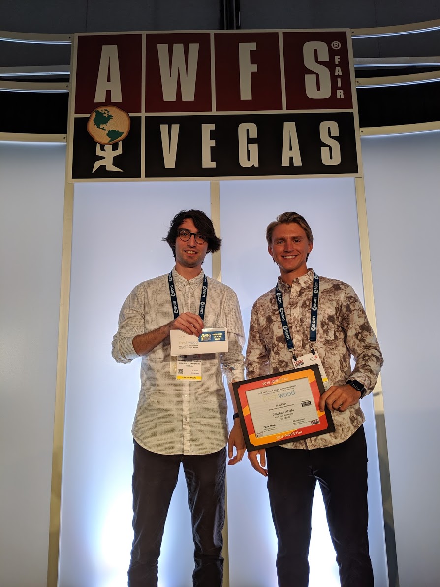 Industrial design seniors Sam Christianson and Nathan Miklo won first place in the Design for Production - Post Secondary cateory of the 2019 AWFS Fresh Wood student furniture competition.