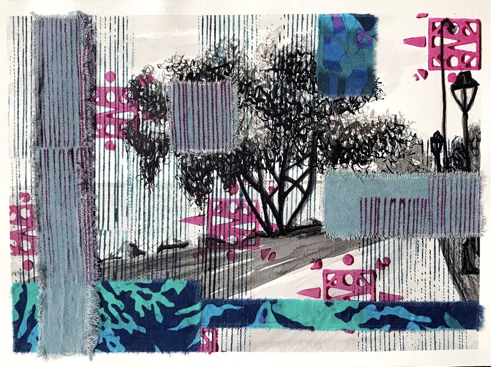 "View Through My Eyes" (India ink, acrylic paint, found and hand-dyed fabrics, 2019) by Darya Geary