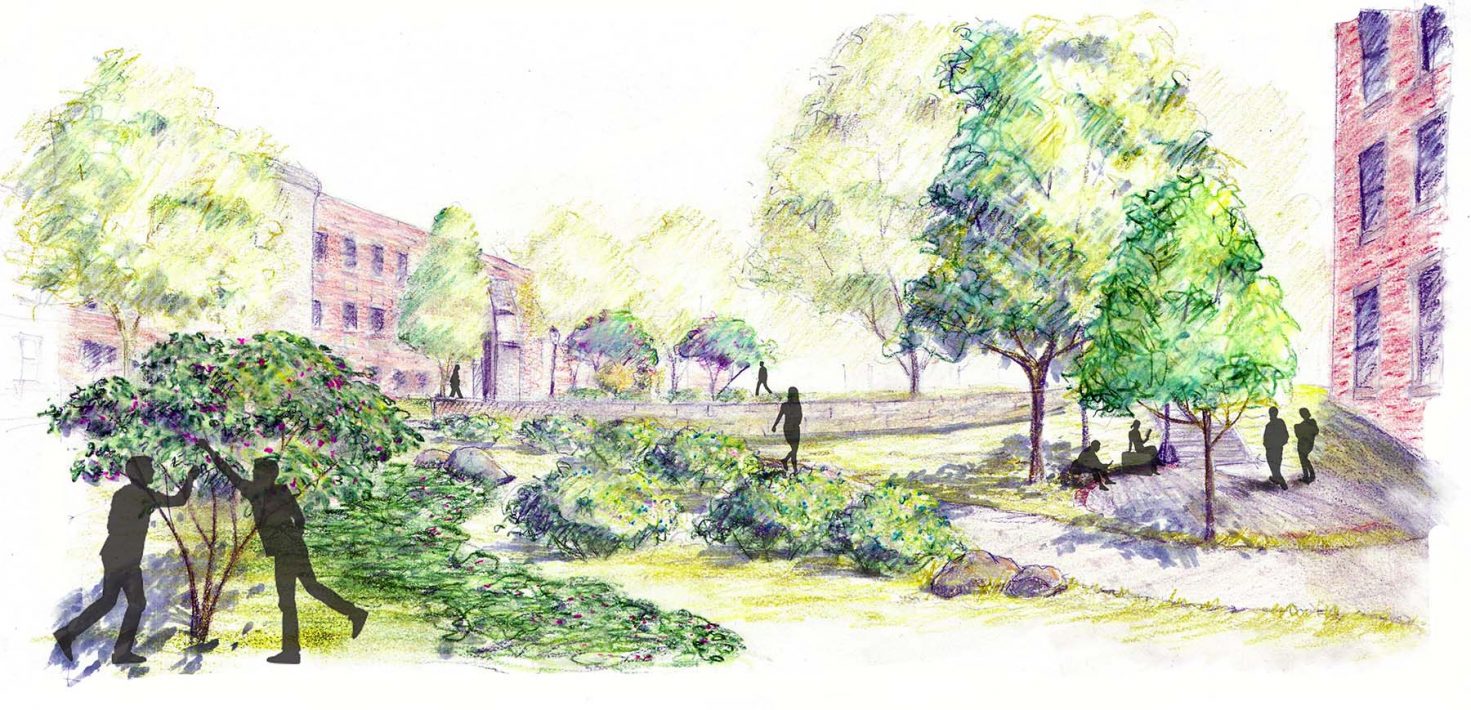 Perspective drawing of green park.